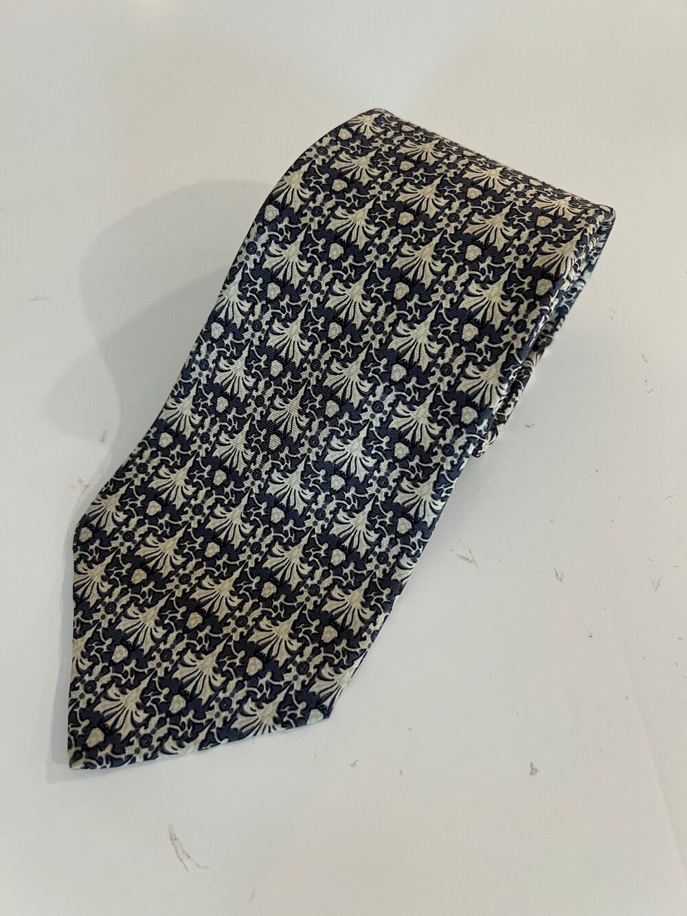 Lanvin Men's 100% Silk Neck Tie Steel Blue with Silver Baroque Print JL